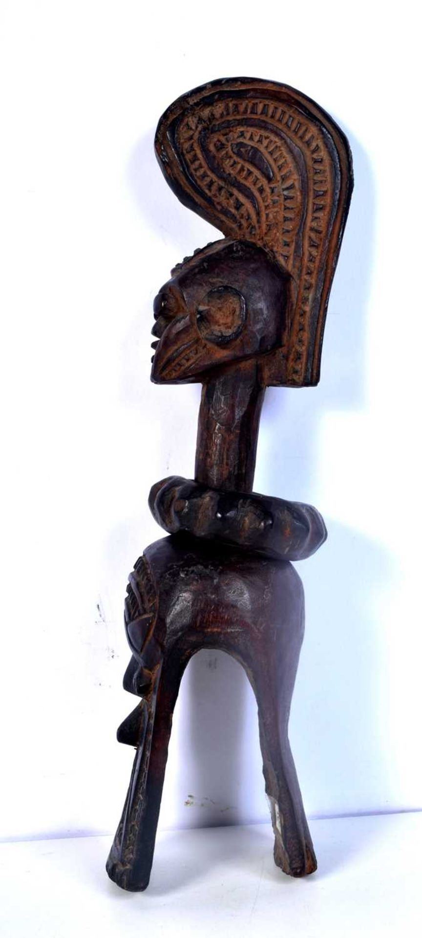 A Nigerian Tribal Jukan carved wood shoulder crest inn the form of a female head 39 cm. - Image 2 of 5