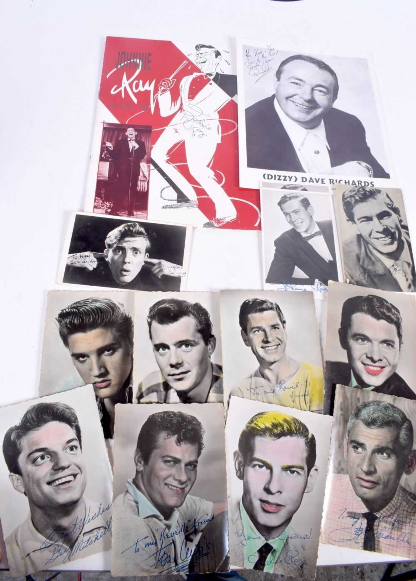 A collection of entertainment autographs and photocards , Elvis, Johnie Ray,Dizzy Dave Richards