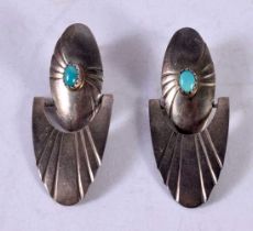 A PAIR OF SILVER AND TURQUOISE EARRINGS. 7.3 grams. 4.5 cm x 2 cm.