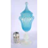 A LARGE ANTIQUE OPALINE BLUE GLASS GOBLET VASE AND COVER with cameo portrait stem. 40 cm x 12 cm.