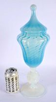 A LARGE ANTIQUE OPALINE BLUE GLASS GOBLET VASE AND COVER with cameo portrait stem. 40 cm x 12 cm.