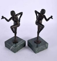 A PAIR OF ART DECO BRONZE FIGURES OF DANCERS modelled upon marble plinths. 21 cm high.