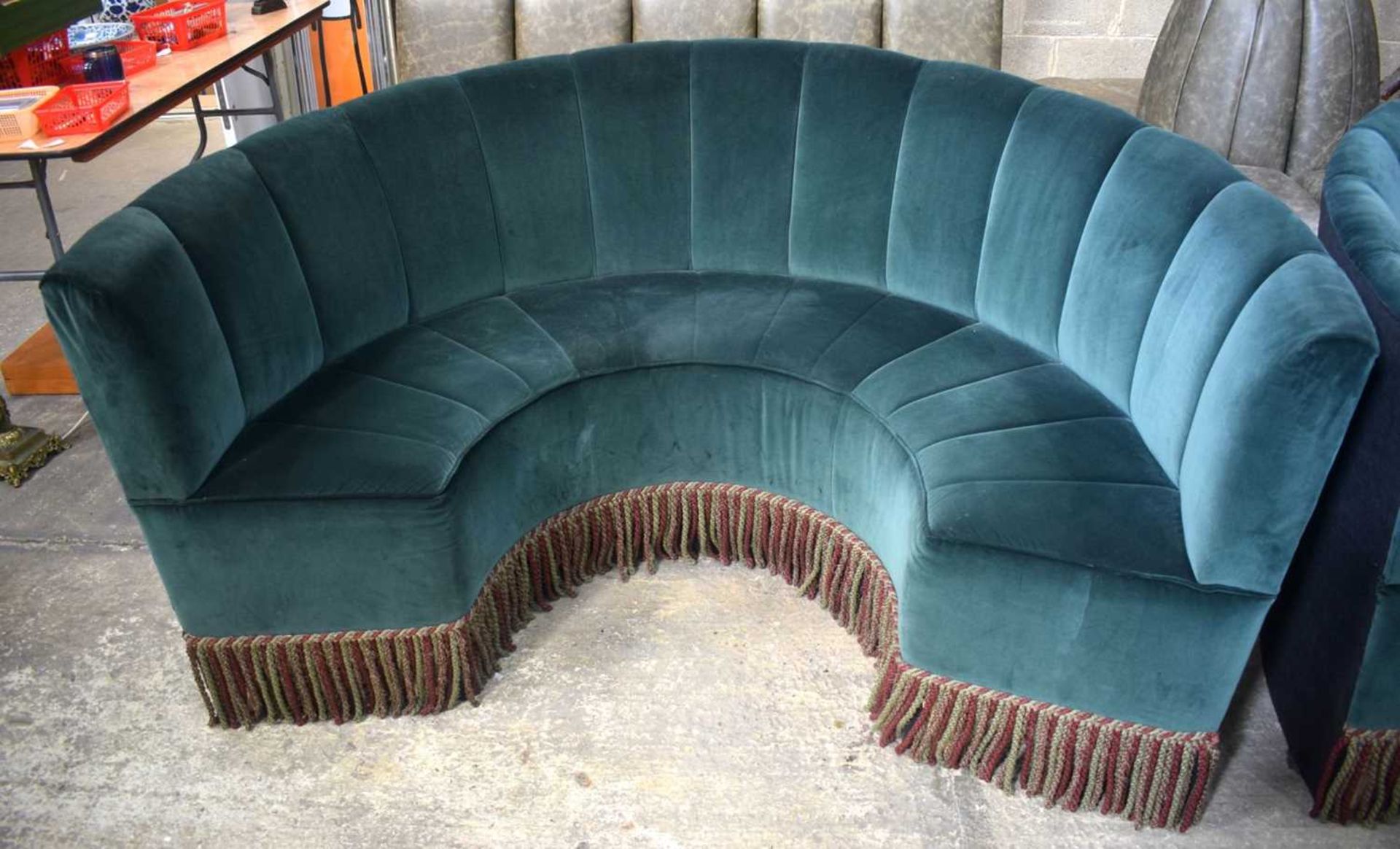 A pair of Semi Circular showroom fabric sofas together with a wooden round topped table 93 x 180 x - Image 3 of 6
