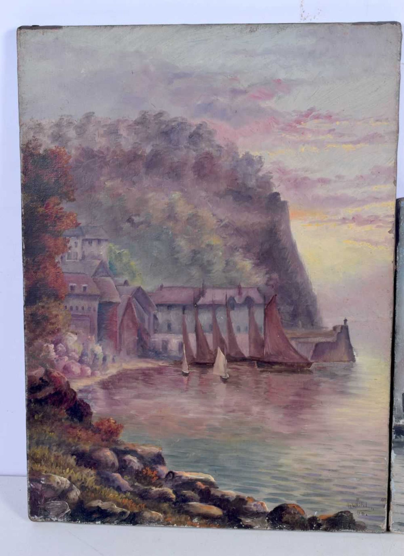 An Oil on canvas of a harbourside signed Whitehorn together with an oil of a shipping disaster 38 - Image 2 of 4