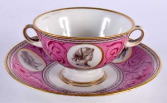 A FINE EARLY 19TH CENTURY FRENCH SEVRES EMPIRE PORCELAIN CUP AND SAUCER painted with portraits