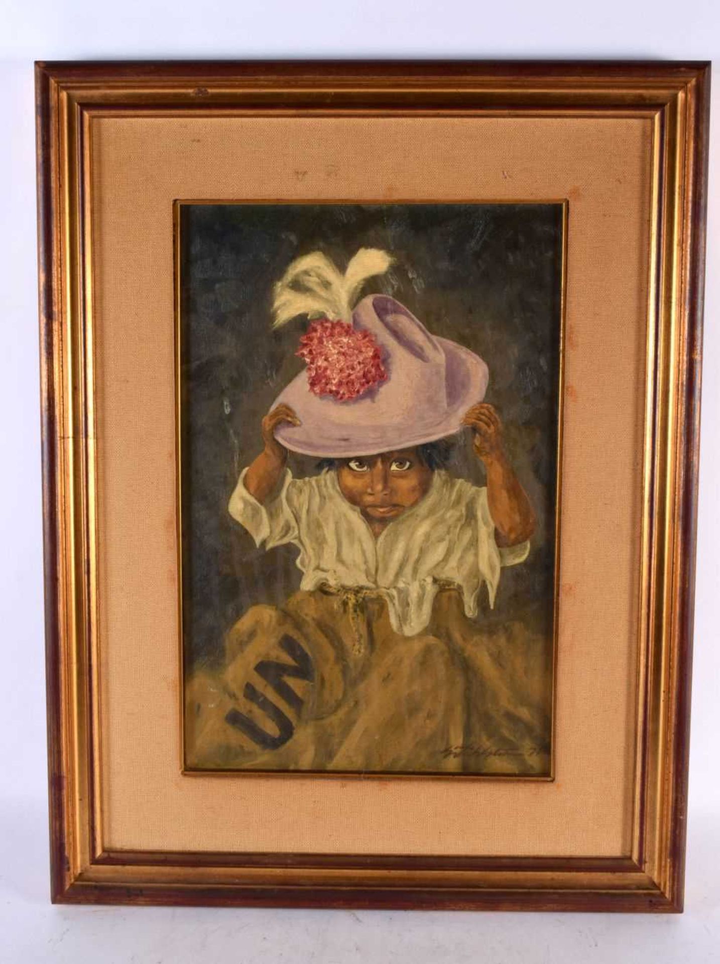 Spanish School (C1970) Oil on canvas, girl in a hat within a UN sack. 58 cm x 42 cm.