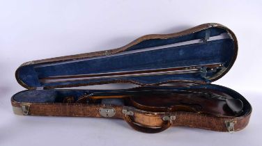 A CASED SINGLE PIECE BACK VIOLIN together with a bow. Violin 57 cm long, length of back 35.5 cm. (