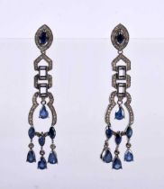 A PAIR OF SILVER DIAMOND AND SAPPHIRE EARRINGS. 13.4 grams. 6.25 cm x 1.25 cm.