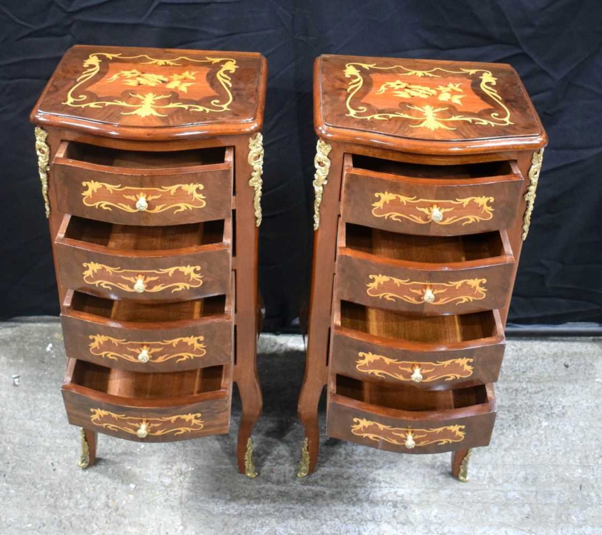 A pair of French style 4 drawer inlaid chests with gilt metal decoration 77 x 35 x 35 cm. (2). - Image 2 of 5