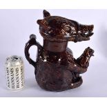 A LARGE 19TH CENTURY ENGLISH NOTTINGHAMSHIRE POTTERY BEAR BAITING JUG AND COVER modelled clutching a