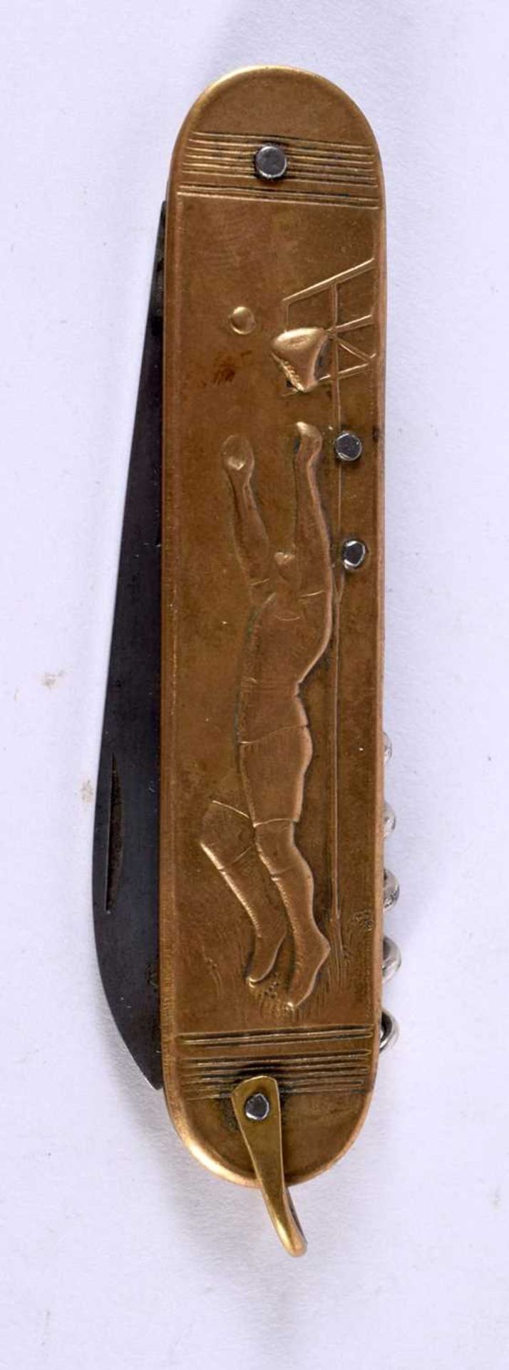 AN UNUSUAL ANTIQUE BASKETBALL MILITARY SOLDIER POCKET KNIFE. 73 grams. 23 cm long extended.