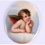 AN ANTIQUE GERMAN PORCELAIN CHERUB PLAQUE. 8.5 cm x 6.5 cm.