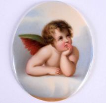 AN ANTIQUE GERMAN PORCELAIN CHERUB PLAQUE. 8.5 cm x 6.5 cm.