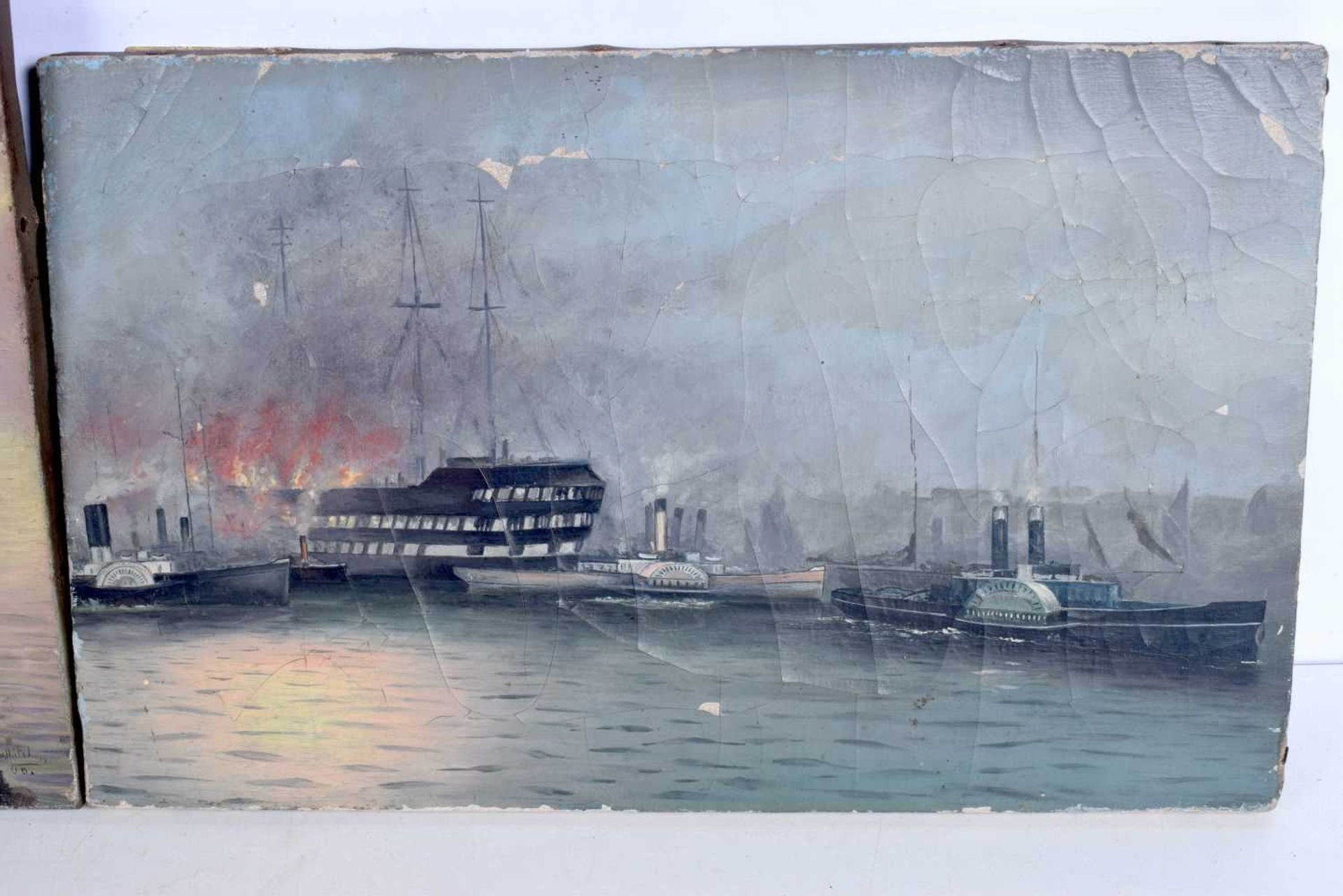 An Oil on canvas of a harbourside signed Whitehorn together with an oil of a shipping disaster 38 - Image 3 of 4