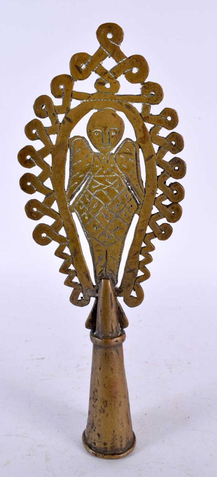 A 19TH CENTURY AFRICAN TRIBAL ETHIOPIAN BRONZE CROSS formed with a figure. 26 cm high. - Image 2 of 3