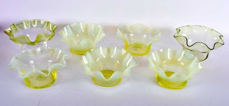 SEVEN ART DECO VASELINE GLASS CRIMPED BOWLS. 13 cm wide. (7)