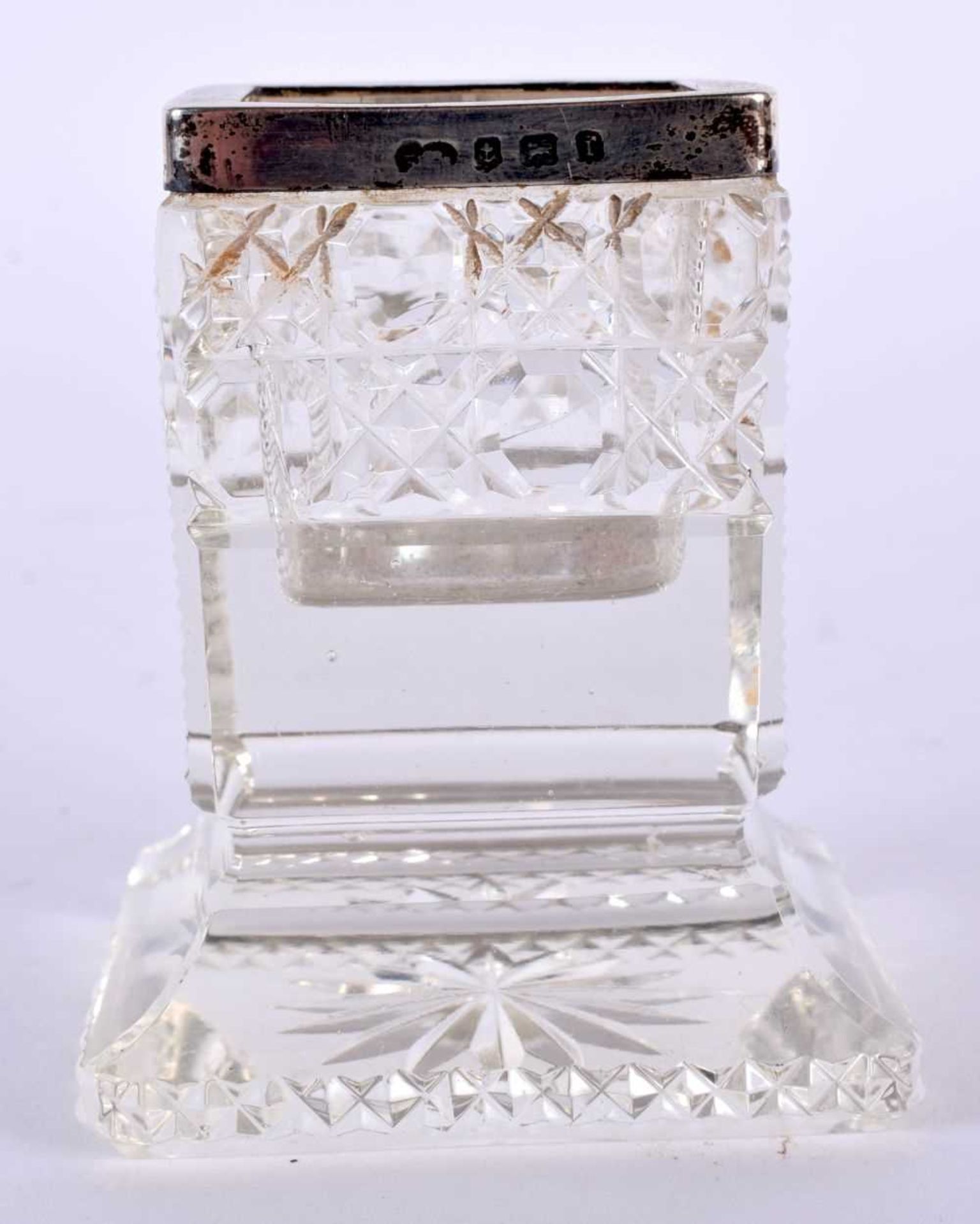 A RARE ANTIQUE SILVER MOUNTED CUT GLASS MATCH STRIKER. 8 cm x 4 cm.