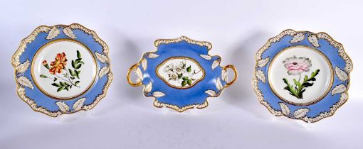 A PAIR OF EARLY 19TH CENTURY ENGLISH PORCELAIN PLATES together with a matching twin handled dish.