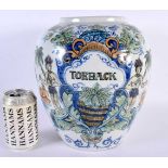A LARGE DUTCH DELFT MAJOLICA DELFT PORCELAIN TOBACCO JAR painted with figures within exotic