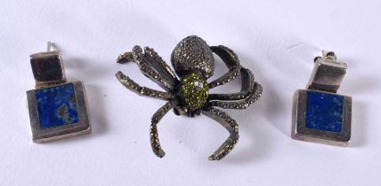 A PAIR OF ART DECO SILVER AND LAPIS LAZULI EARRINGS together with a spider brooch. 24 grams. Largest