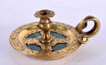 A LOVELY 19TH CENTURY FRENCH GILT ENGRAVED METAL AND MALACHITE CHAMBERSTICK with serpent handle.
