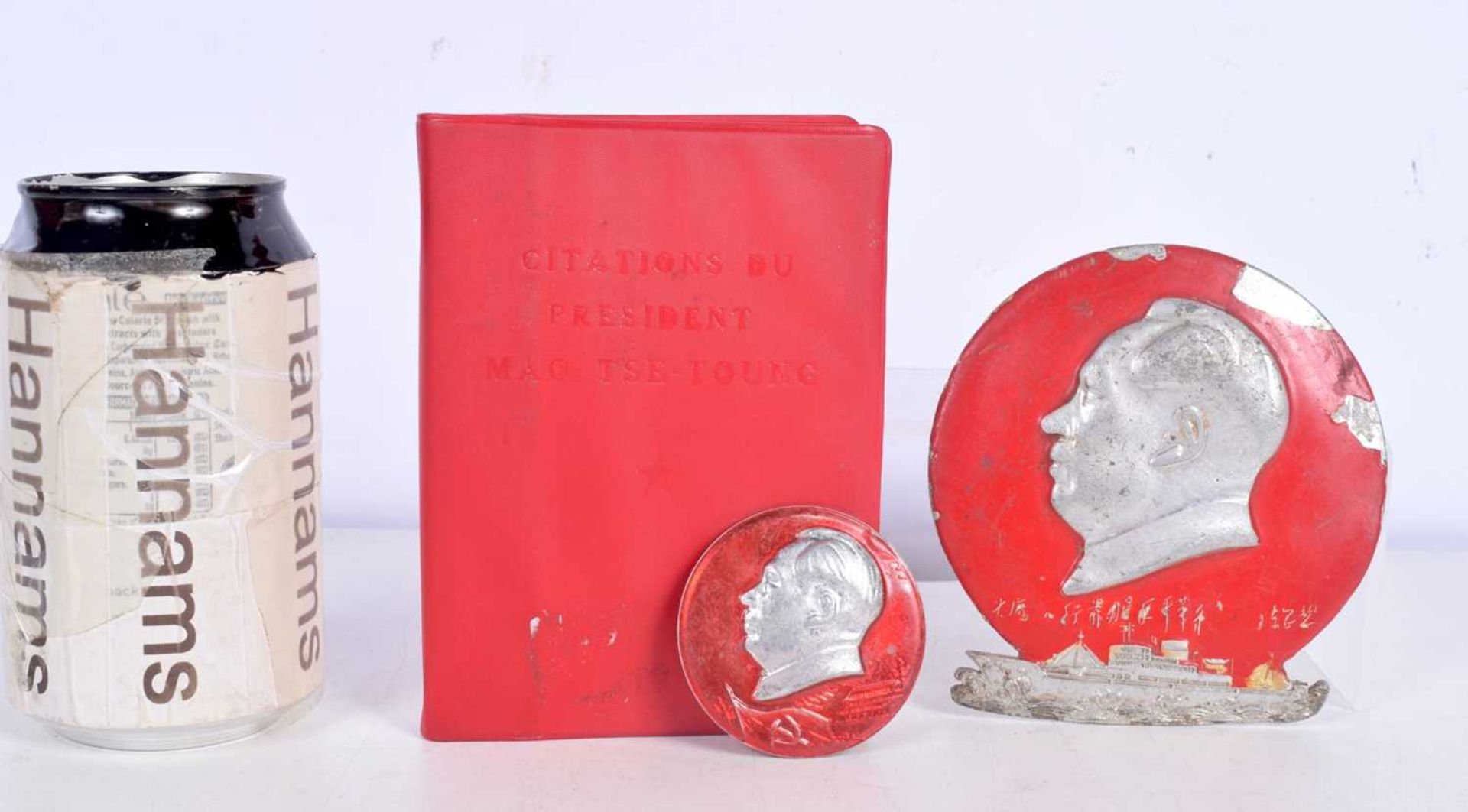 A French copy of The Citations of President Mao Tse Toung together with 2 enamelled metal plaques (