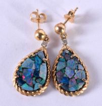 A PAIR OF 14CT GOLD MOUNTED OPAL EARRINGS. Stamped 14K, 4.2 cm x 2.7cm, weight 3.7g