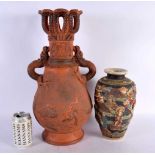 A LARGE 19TH CENTURY JAPANESE MEIJI PERIOD REDWARE VASE together with a smaller satsuma vase.