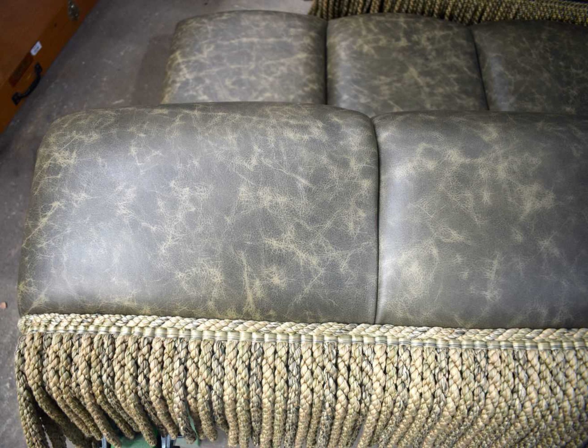 A large Oval Faux leather inter connecting Gallery Sofas with a central wooden panelled insert - Image 11 of 11