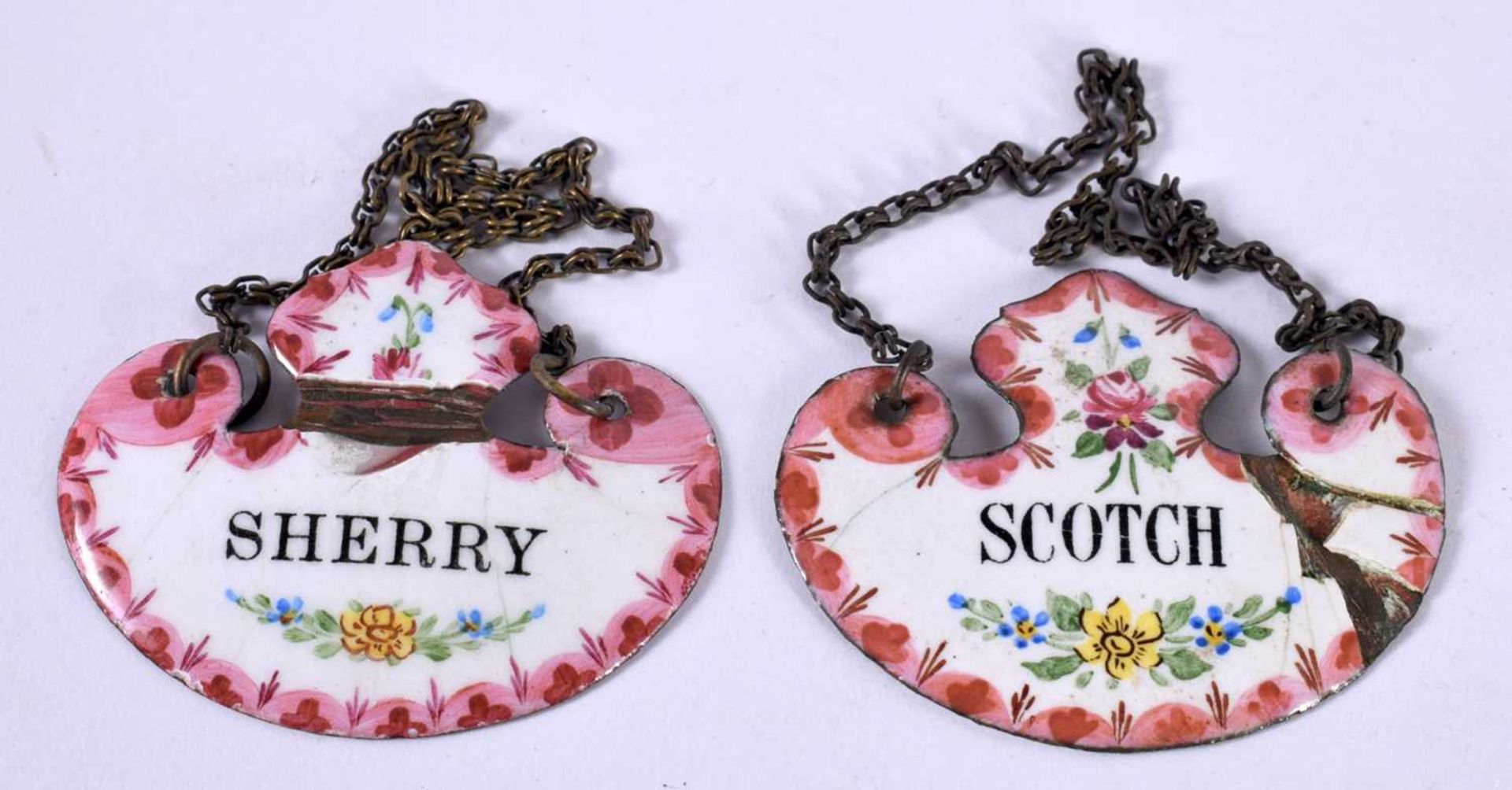 TWO ENAMELLED DECANTER LABELS - "SCOTCH" AND "SHERRY". 4.1cm x 5.2 cm