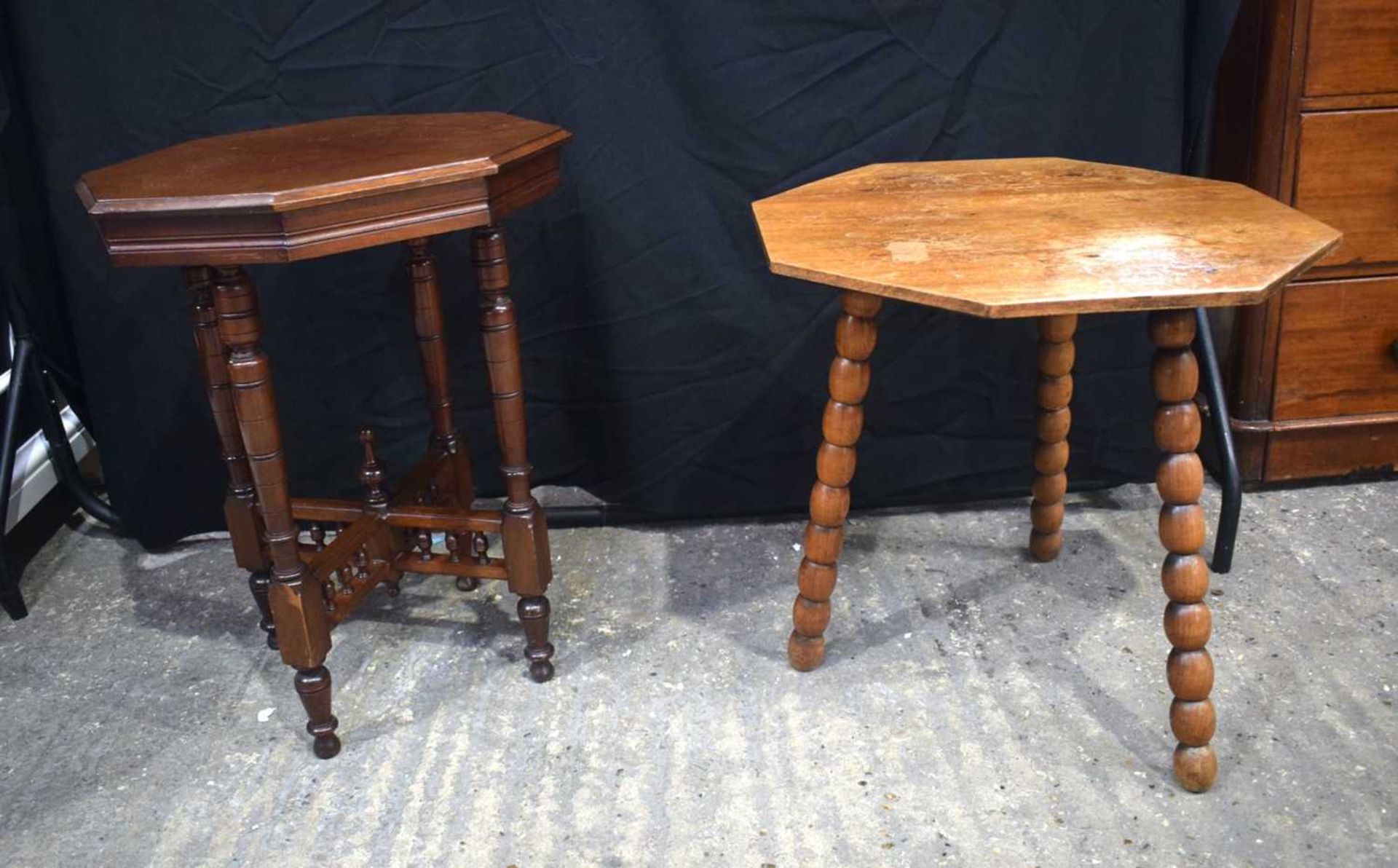 A MId Century Mahogany Octagonal sided occasional table together with a Victorian satinwood and