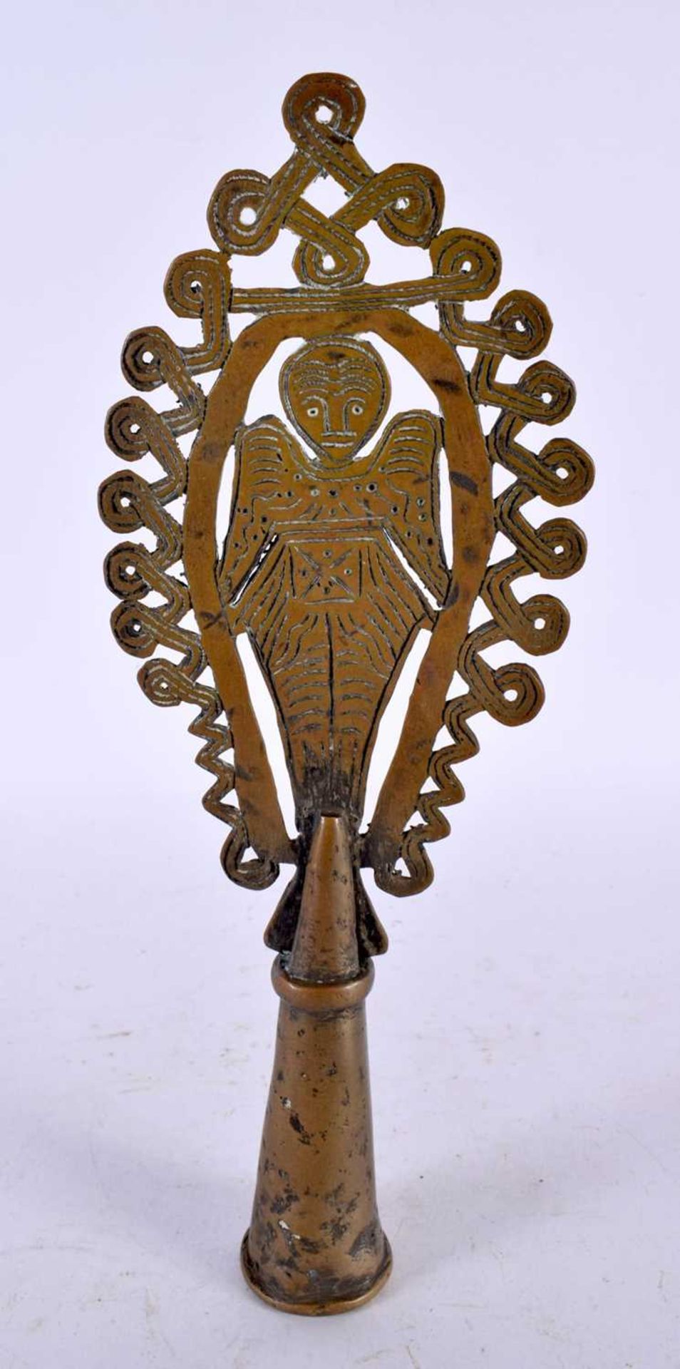 A 19TH CENTURY AFRICAN TRIBAL ETHIOPIAN BRONZE CROSS formed with a figure. 26 cm high.
