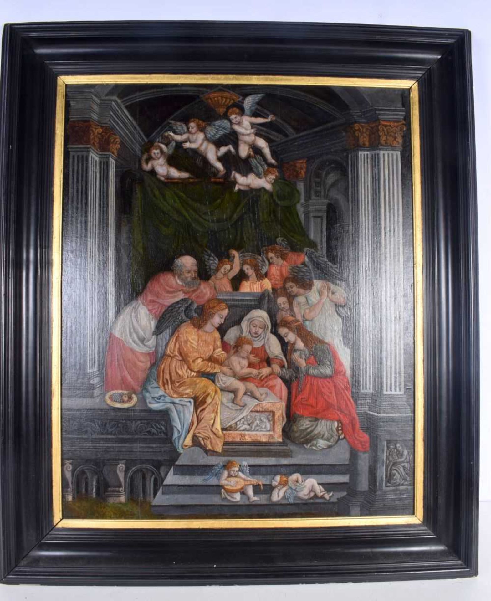 A framed oil on board depicting a Religious scene 60 x 48 cm.