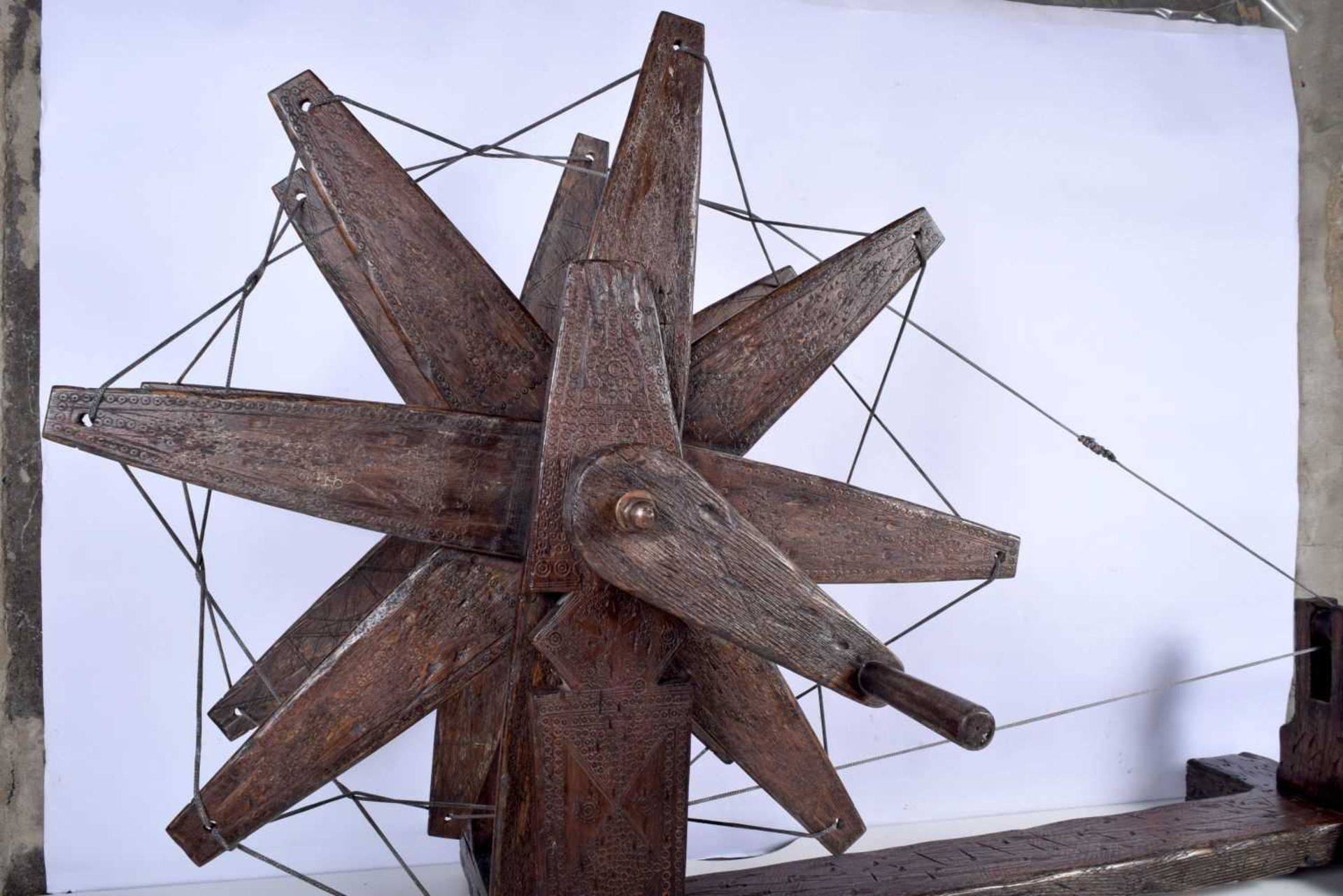 A late 19th/early 20th century Middle Eastern Dalub Spinning Wheel/Bobbin Winder, with carved block, - Image 2 of 5