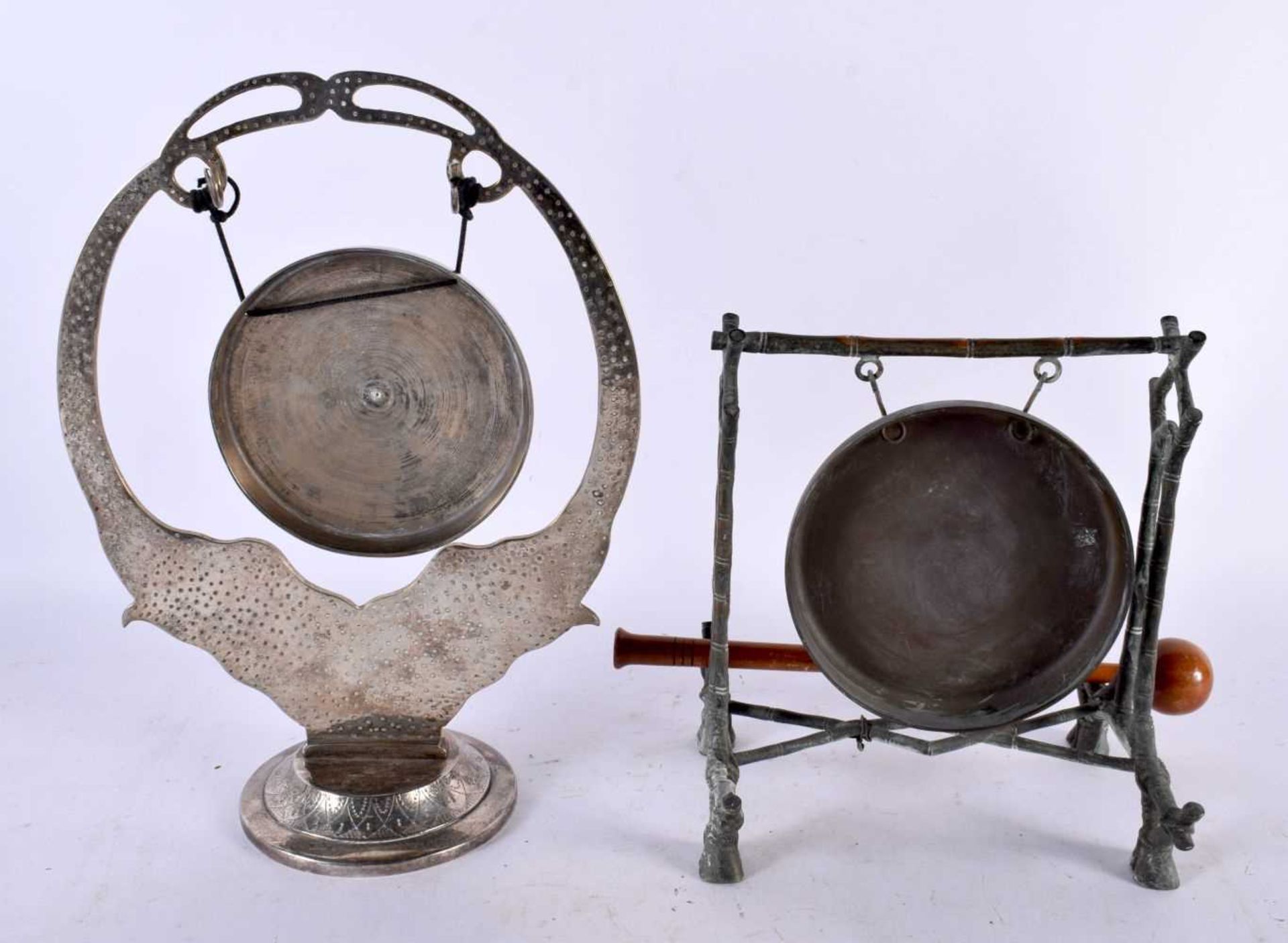 AN AESTHETIC MOVEMENT BRONZE TABLE GONG together with an Indian white white elephant gong. Largest - Image 2 of 3