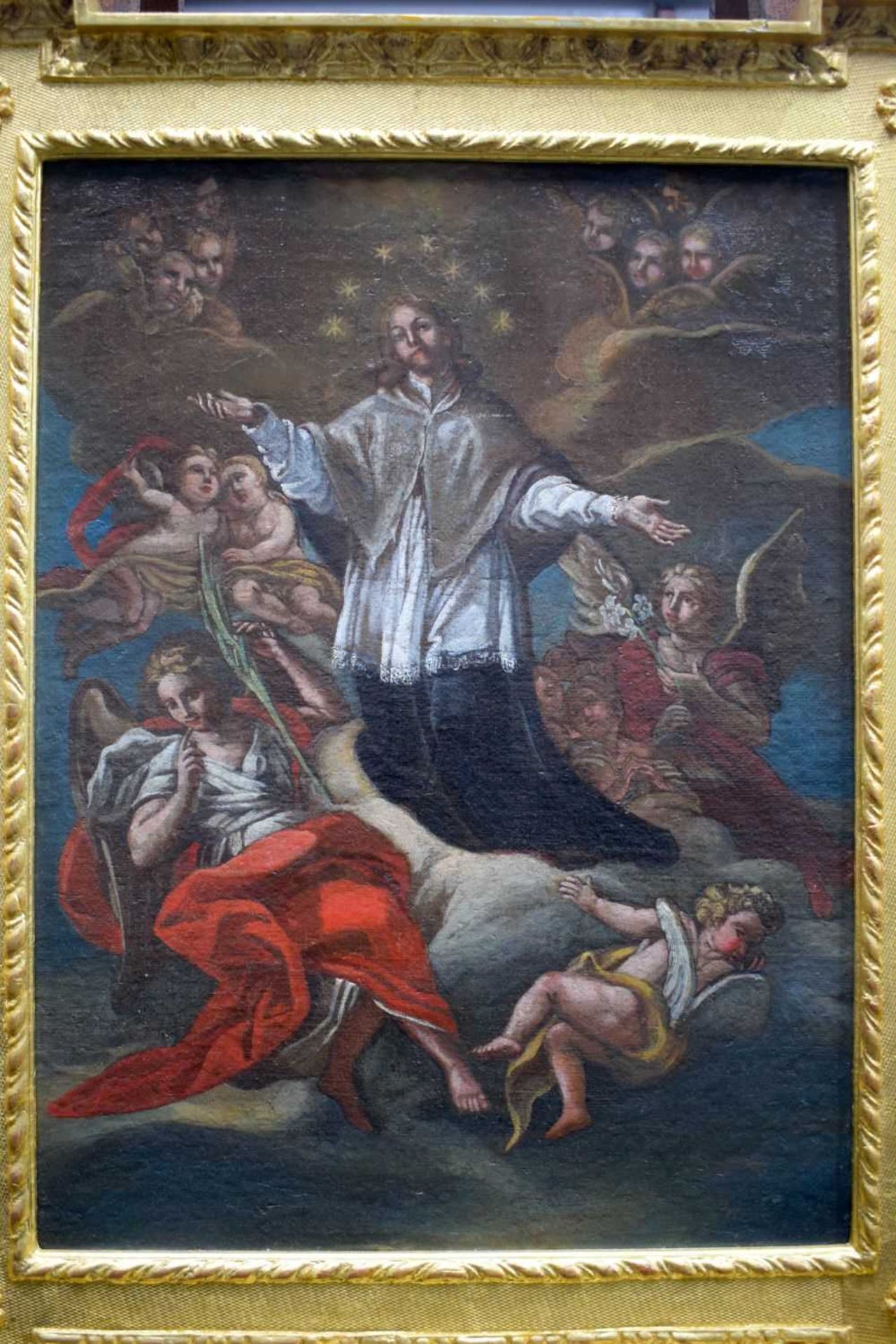 A framed oil on canvas of a religious scene 56 x 42 cm. - Image 2 of 3