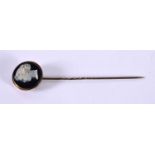 A CASED CAMEO STICK PIN. 8 cm x 1.75cm, weight 3.7g (without box)