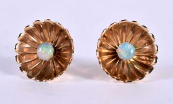 A PAIR OF FLOWER EARRINGS EACH SET WITH AN OPAL. 3.1cm, weight 4.4g