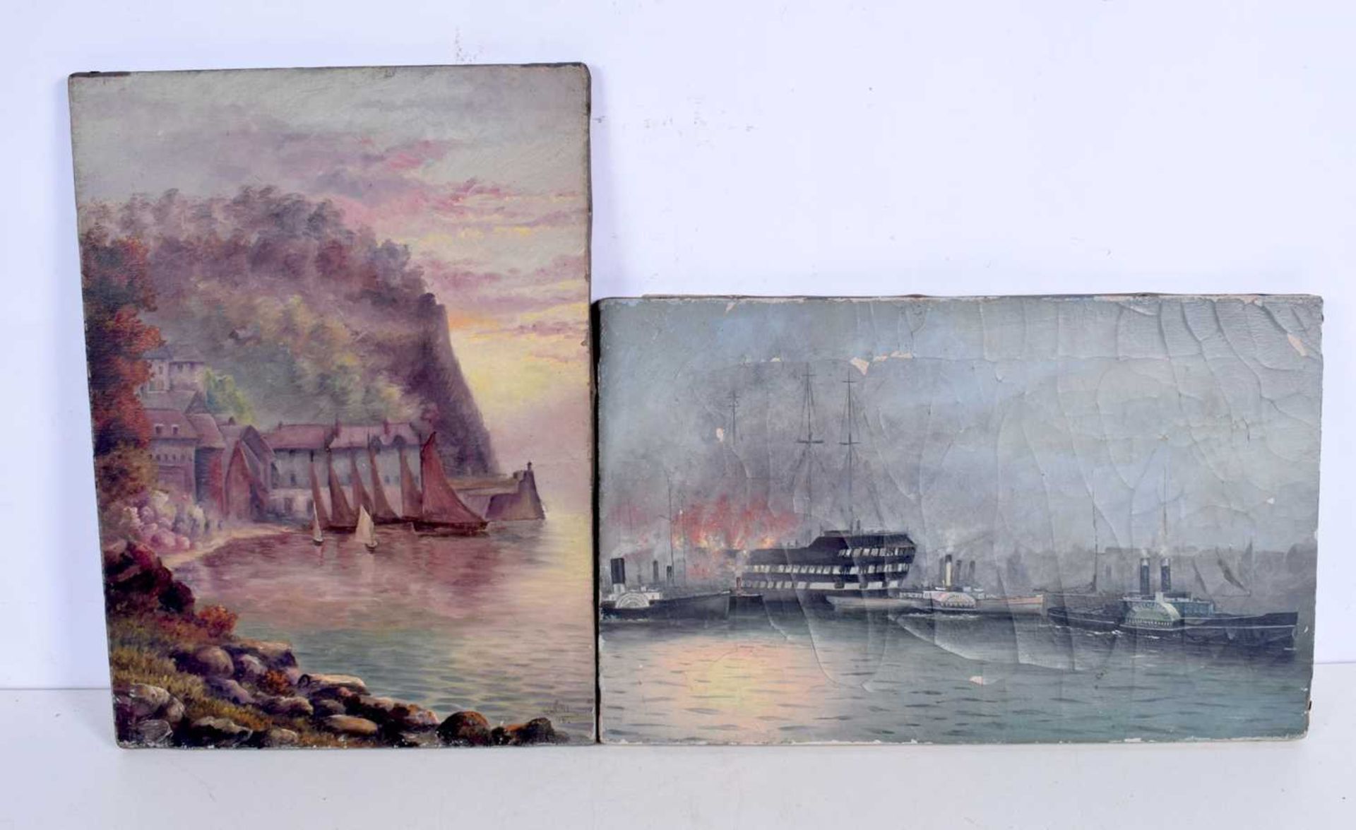 An Oil on canvas of a harbourside signed Whitehorn together with an oil of a shipping disaster 38