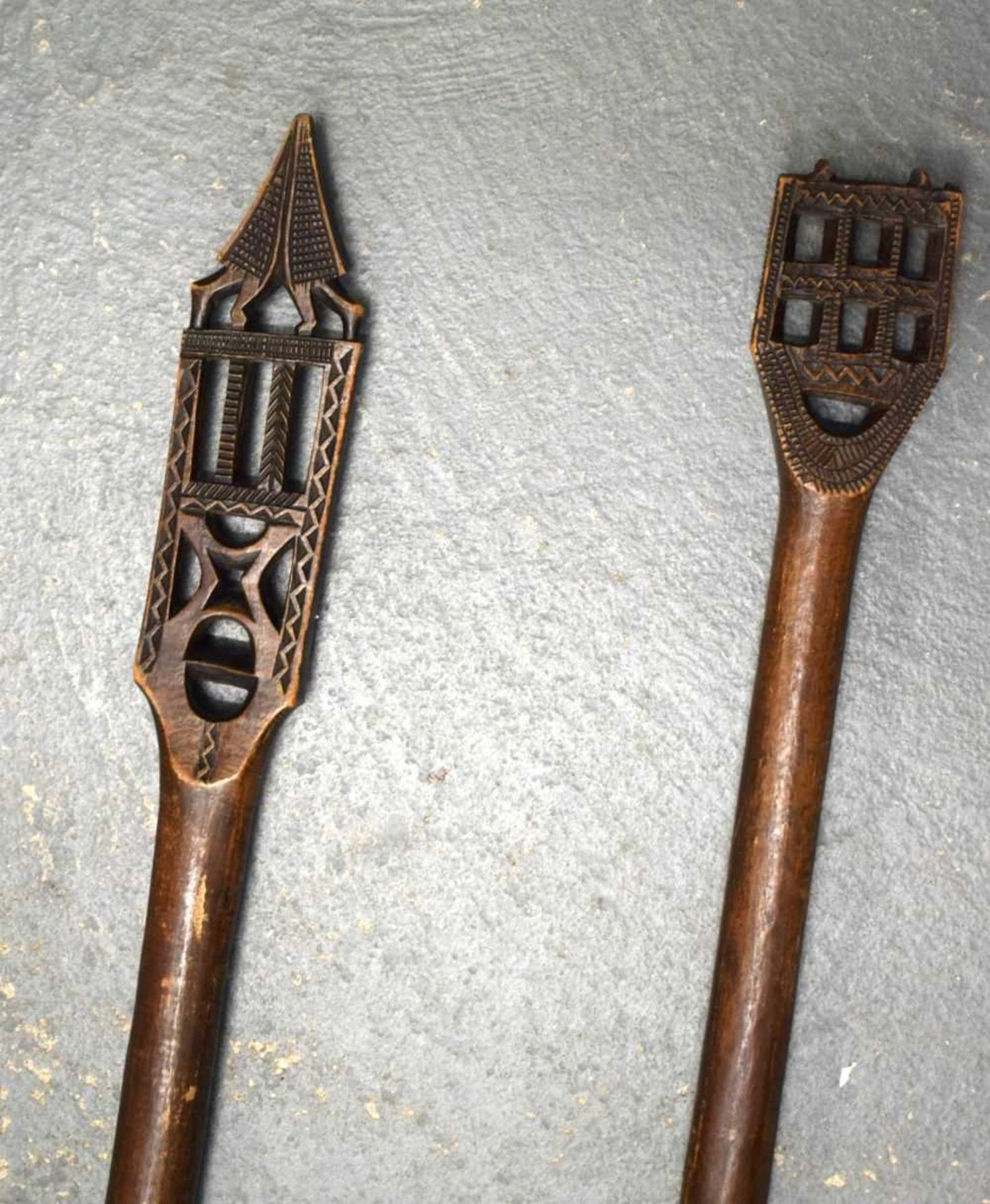 TWO AFRICAN TRIBAL CARVED WOOD PADDLES one decorated with animals, the other with motifs. 160 cm - Image 13 of 13