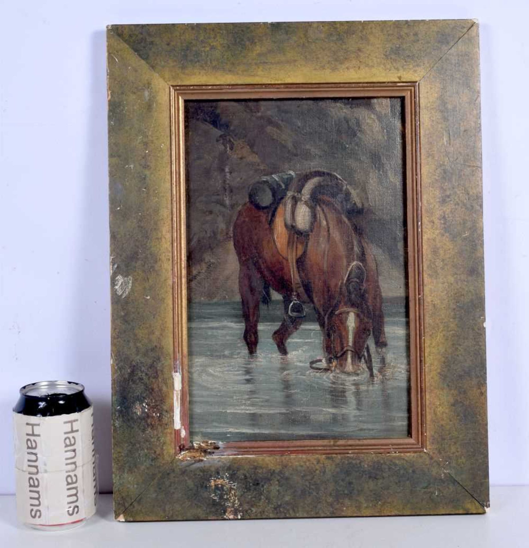 American School , Oil on canvas of a Horse drinking from a stream 29 x 19 cm.