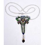 AN ART NOUVEAU STYLE SILVER AND ENAMEL NECKLACE. 15.3 grams. Chain 44 cm long, pendant 7.5 cm x 4