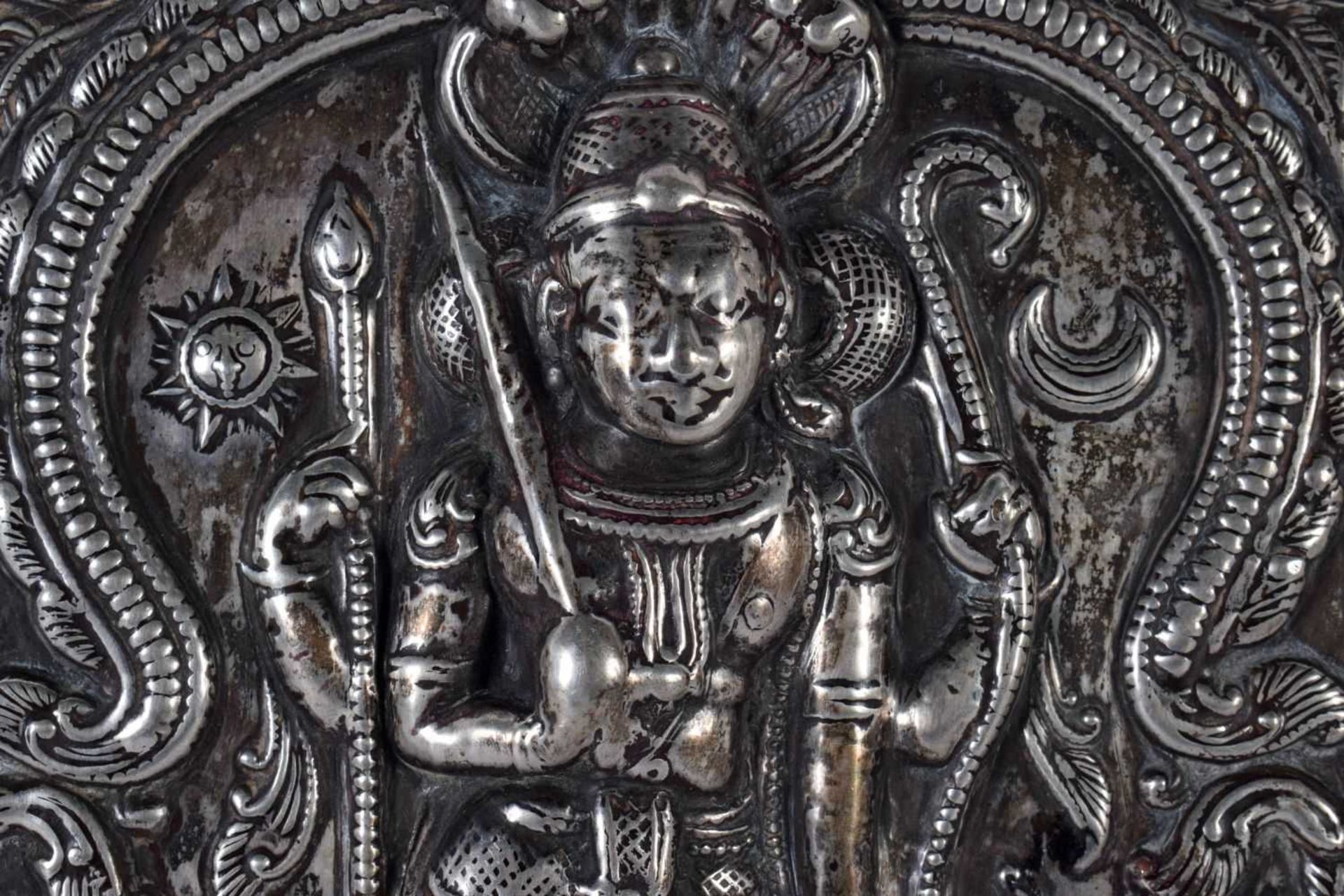 A silver repousse plaque of Shiva, South India, 19th century, of rectangular form, Shiva depicted in - Image 3 of 6