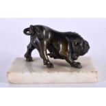 A 19TH CENTURY EUROPEAN GRAND TOUR BRONZE FIGURE OF A BULL modelled upon a marble base. 10 cm x