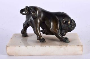 A 19TH CENTURY EUROPEAN GRAND TOUR BRONZE FIGURE OF A BULL modelled upon a marble base. 10 cm x
