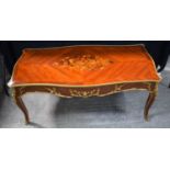 A French style inlaid coffee table with gilt metal decoration 49 x 120 x 52 cm