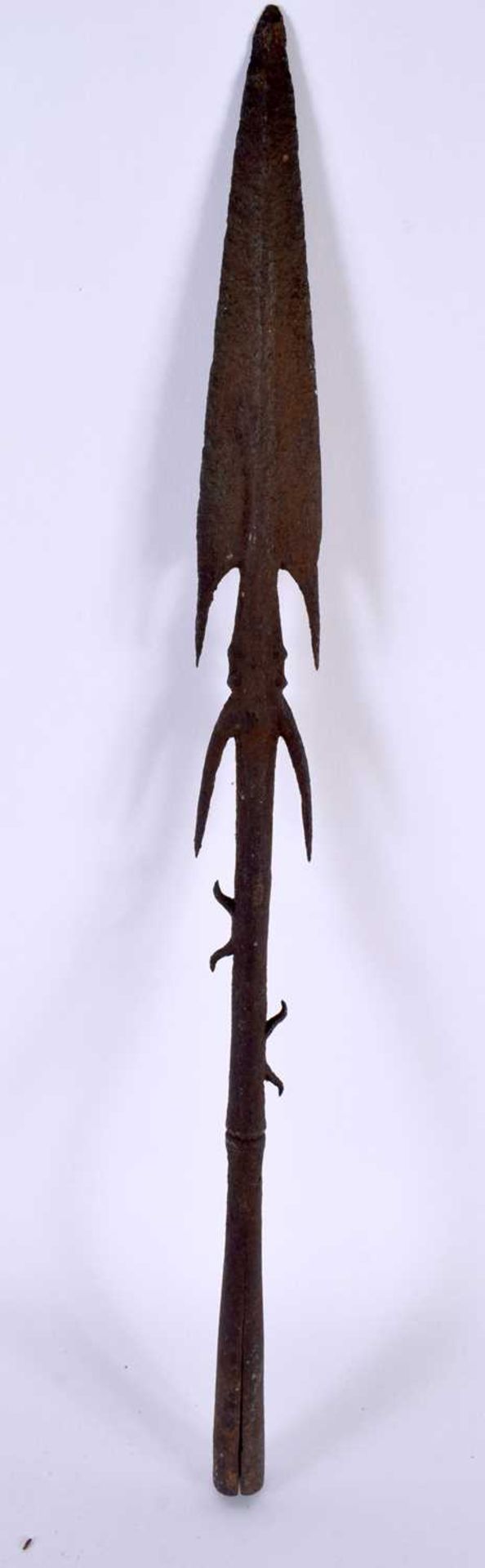 AN ANTIQUE TRIBAL PATINATED IRON HARPOON possibly Southsea islands. 48 cm long.