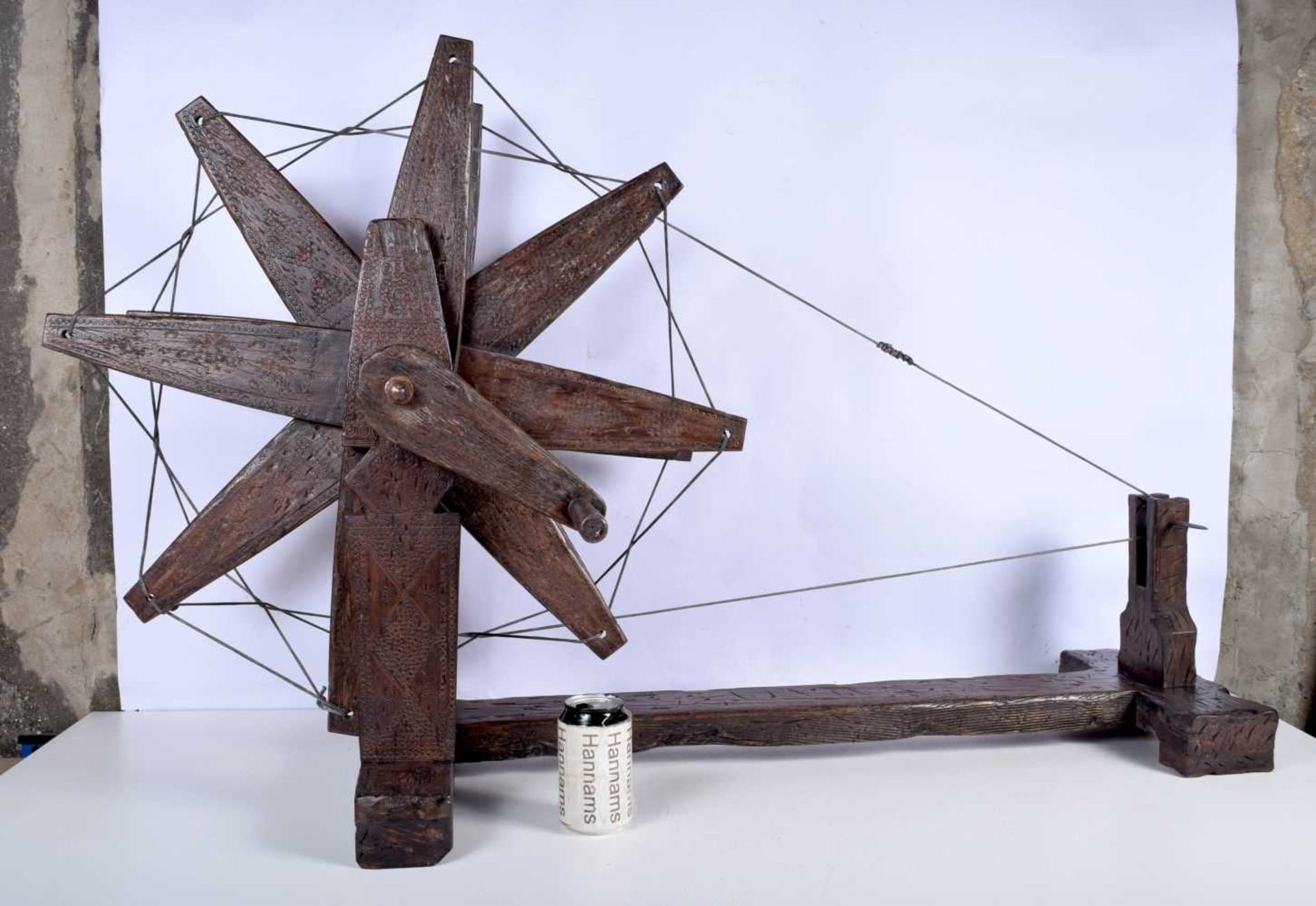 A late 19th/early 20th century Middle Eastern Dalub Spinning Wheel/Bobbin Winder, with carved block,