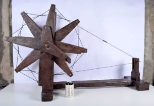 A late 19th/early 20th century Middle Eastern Dalub Spinning Wheel/Bobbin Winder, with carved block,