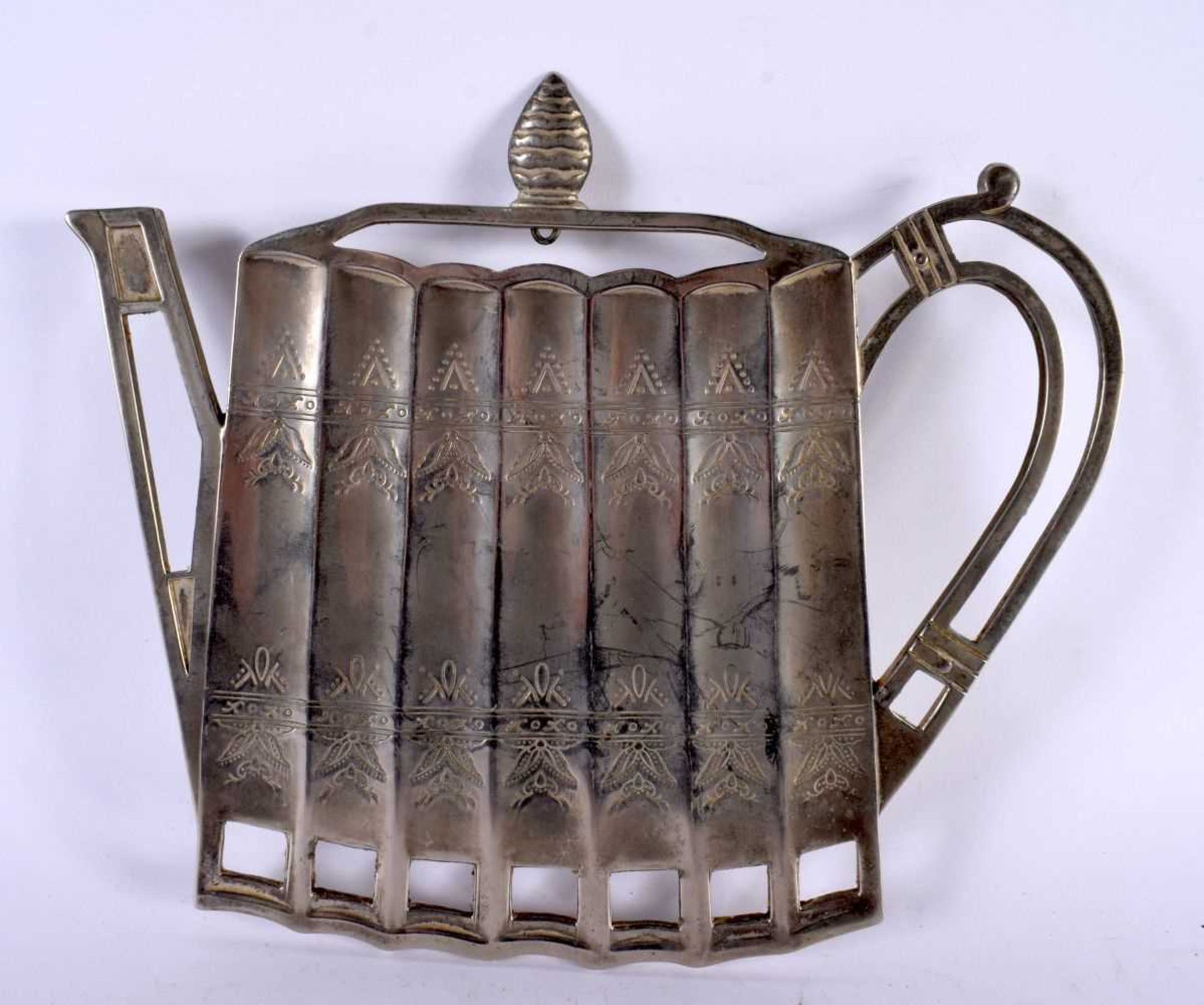 AN UNUSUAL AESTHETIC MOVEMENT TYPE SILVER PLATED TEAPOT STAND. 18cm x 18cm.